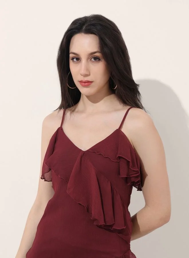 Freehand  Women Fit and Flared Solid V-Neck Sleeveless Asymmetric Dress for Women | Best Price UAE