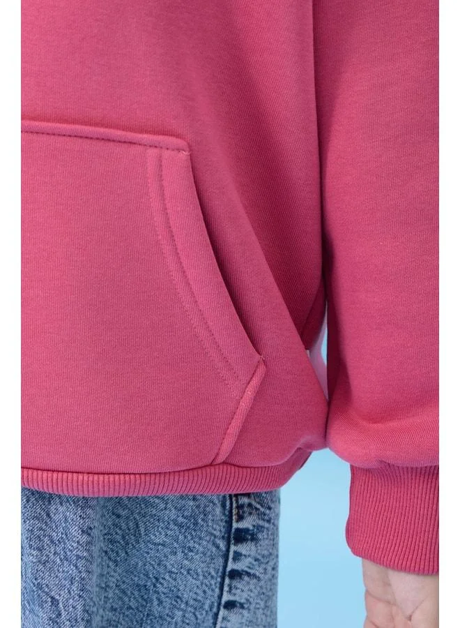 Perendi Unisex Hooded Kangaroo Pocket Ribbed Winter Sweatshirt - Rose Dust.