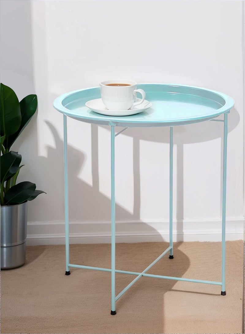 CHOIWIN Steel Tray Table with Detachable Tray Top，Round Metal Coffee Table Waterproof Removable Tray Table，for Living Room Bedroom Balcony Office Turquoise 47x47x50cm - Image 1