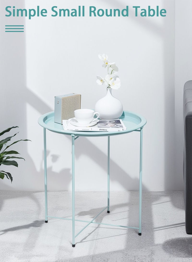 CHOIWIN Steel Tray Table with Detachable Tray Top，Round Metal Coffee Table Waterproof Removable Tray Table，for Living Room Bedroom Balcony Office Turquoise 47x47x50cm - Image 2