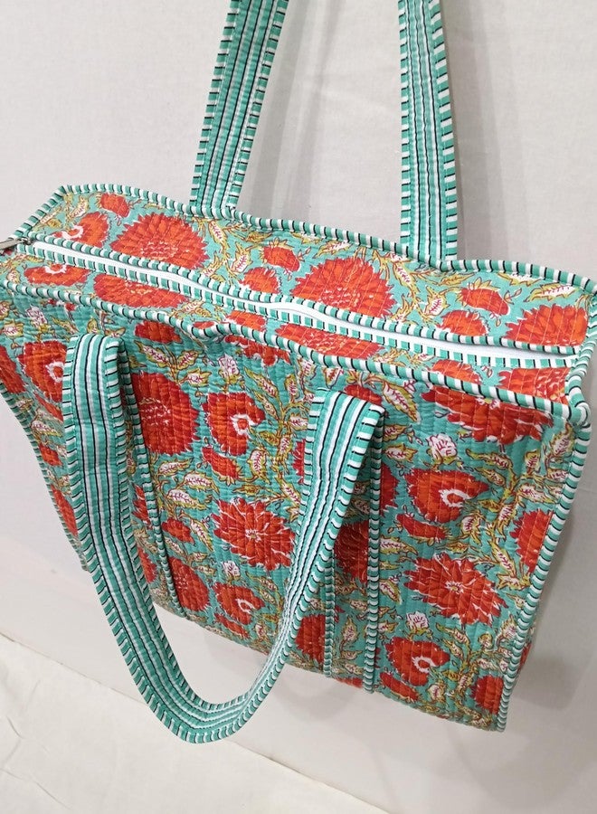 Doraya Cotton Printed Tote Bag,Hand Bag Multicolor Quilted Hand Block Floral Printed Women's Carry Bag Shoulder Shopping Tote Bags 18x5.5x16 Inch (Sea Green 6) - Image 3