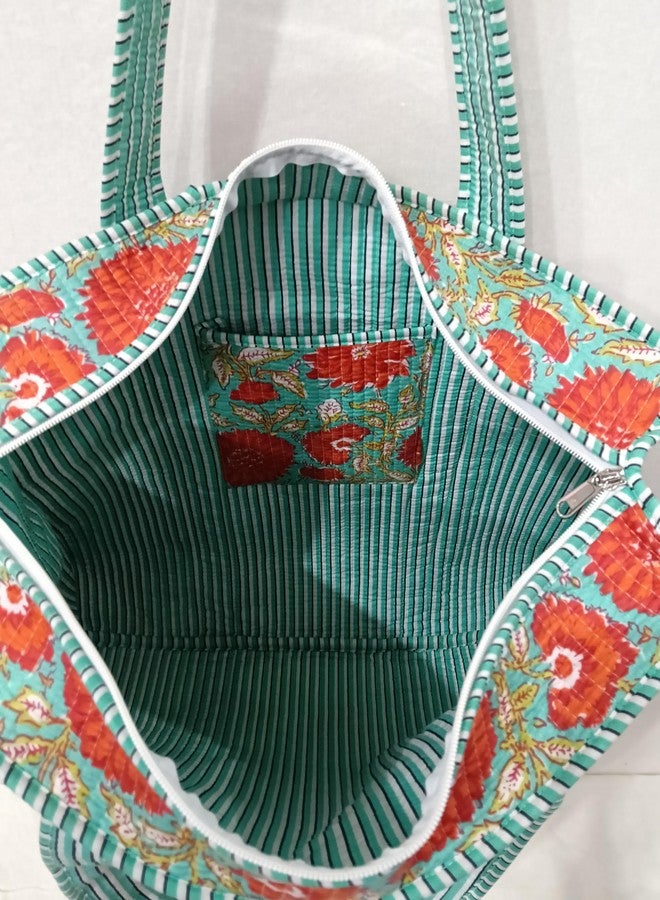 Doraya Cotton Printed Tote Bag,Hand Bag Multicolor Quilted Hand Block Floral Printed Women's Carry Bag Shoulder Shopping Tote Bags 18x5.5x16 Inch (Sea Green 6) - Image 5