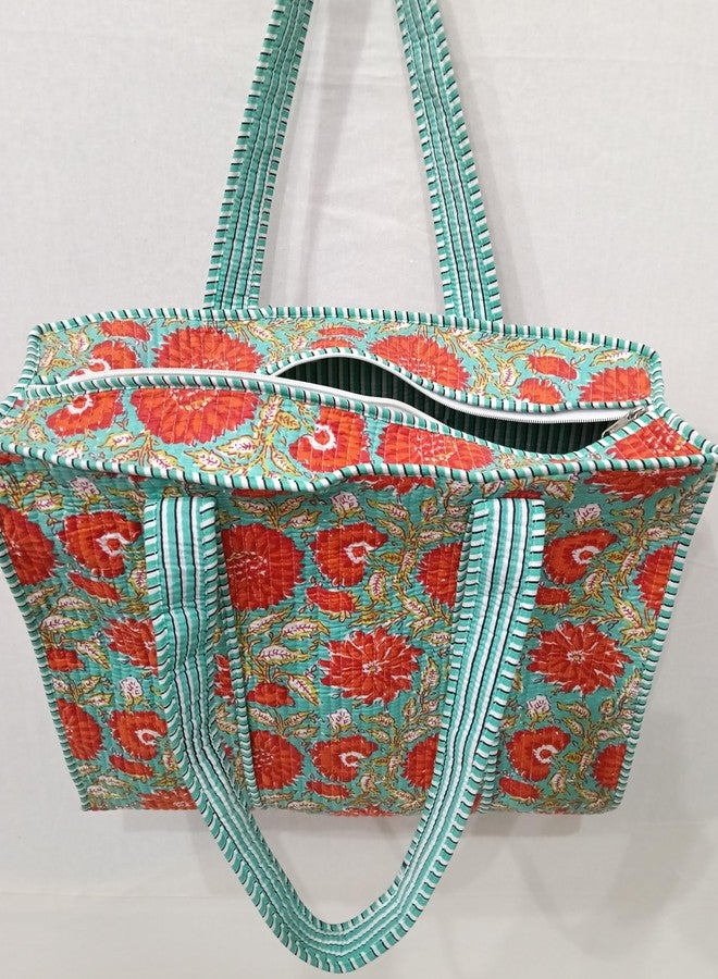 Doraya Cotton Printed Tote Bag,Hand Bag Multicolor Quilted Hand Block Floral Printed Women's Carry Bag Shoulder Shopping Tote Bags 18x5.5x16 Inch (Sea Green 6) - Image 4