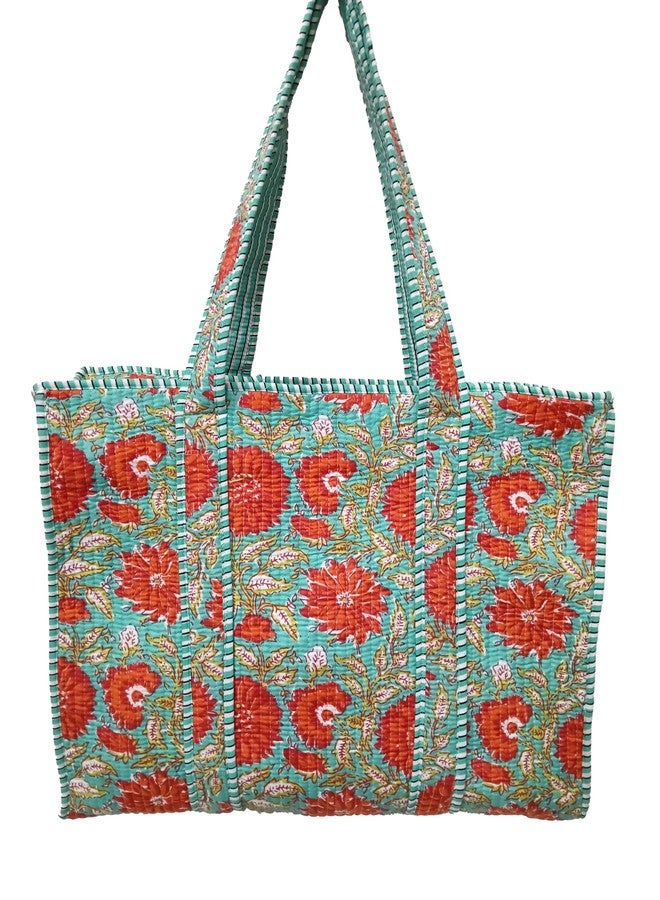 Doraya Cotton Printed Tote Bag,Hand Bag Multicolor Quilted Hand Block Floral Printed Women's Carry Bag Shoulder Shopping Tote Bags 18x5.5x16 Inch (Sea Green 6) - Image 1