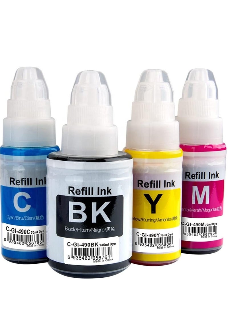 طقم حبر صبغة إعادة تعبئة 4 عبوات متوافق مع GI-490 (أسود 135 مل، أزرق سماوي، أرجواني، أصفر 70 مل لطابعات GI2410 GI3410 GI3411) - Image 1