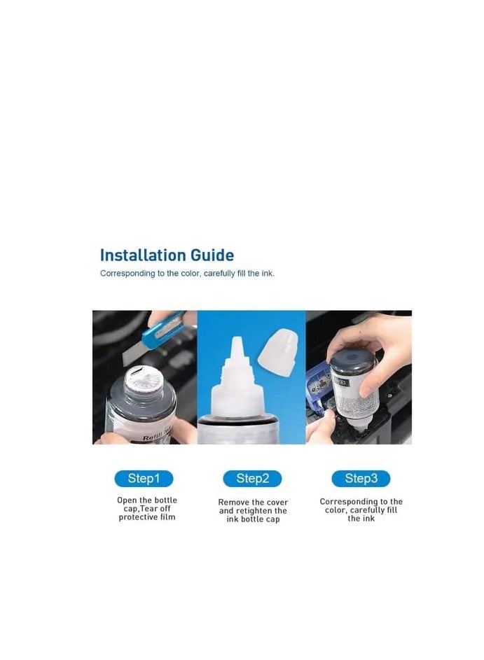 طقم حبر صبغة إعادة تعبئة 4 عبوات متوافق مع GI-490 (أسود 135 مل، أزرق سماوي، أرجواني، أصفر 70 مل لطابعات GI2410 GI3410 GI3411) - Image 3