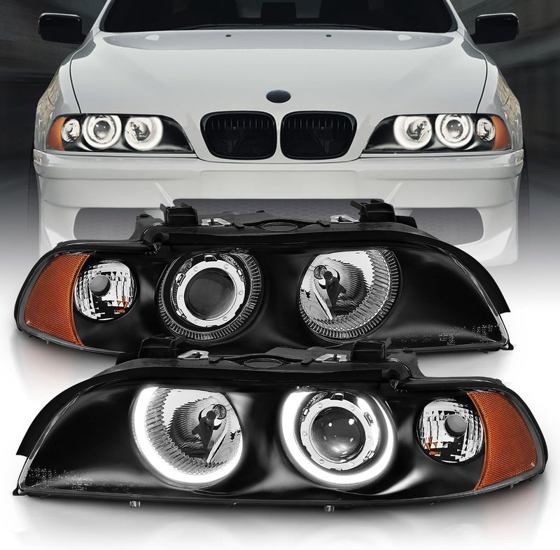AmeriLite مجموعة مصابيح أمامية بديلة سوداء من أمريلايت لسيارات بي إم دبليو 5-Series E39 من 1997-2003 - جانب السائق والراكب - Image 1
