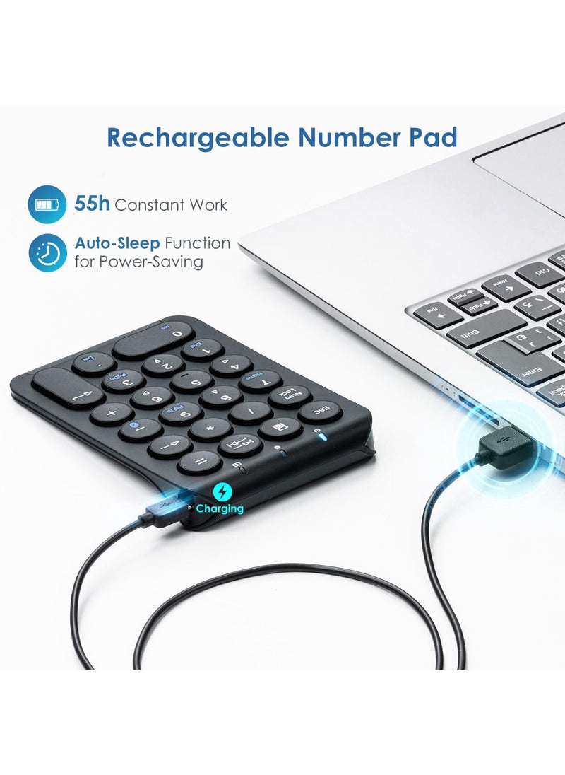 SANWA Bluetooth Numeric Keypad, Rechargeable Wireless Ten Key Number Pad, 22-Key Portable & Slim Financial Accounting Numpad for Laptop Computer, Compatible with MacBook, Windows, Android, iOS, Black