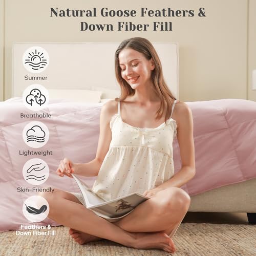 Joysoul Lightweight Down Comforter King Size, Goose Feathers Fiber Comforter for Hot Sleepers, Breathable & Ultra Soft Fluffy Duvet Insert, Thin Bedding for Summer, Pink (104" X 88") - Image 4
