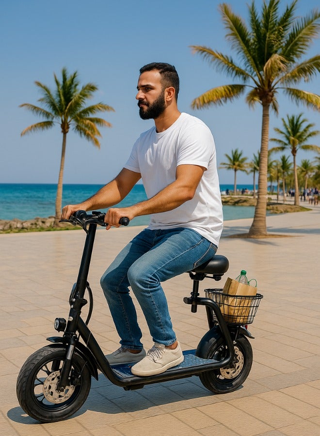 NIYAZI Electric Scooter with Basket | Electric Scooter for Adults | Electric Scooter with Seat | electric scooter | Foldable Electric Scooter | 48V Voltage | 500W Motor | Front and Rear Lights | Shock Absorption Suspension | Storage Basket | Weight Capacity 120 KG | 12-Inch Tires - Image 3