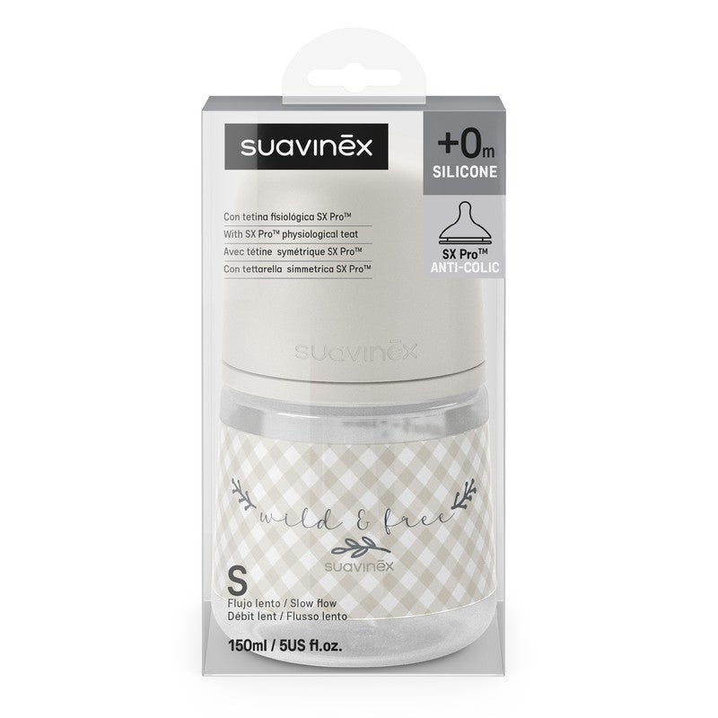 Suavinex, 150ml Bottle with Physiological SX Pro Silicone Teat with Anti-Colic Valve, Slow Flow (S) for Breast and Artificial Milk or Water, Babies +0 Months and Newborns, Wild&Free Beige - Image 4