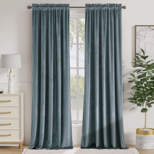 Lazzzy Velvet Curtains Blue Blackout Curtains Thermal Insulated Drapes for Bedroom Living Room Darkening 120 Inches Extra Long Window Treatments Super Soft Luxury Rod Pocket 2 Panels Aegean Blue