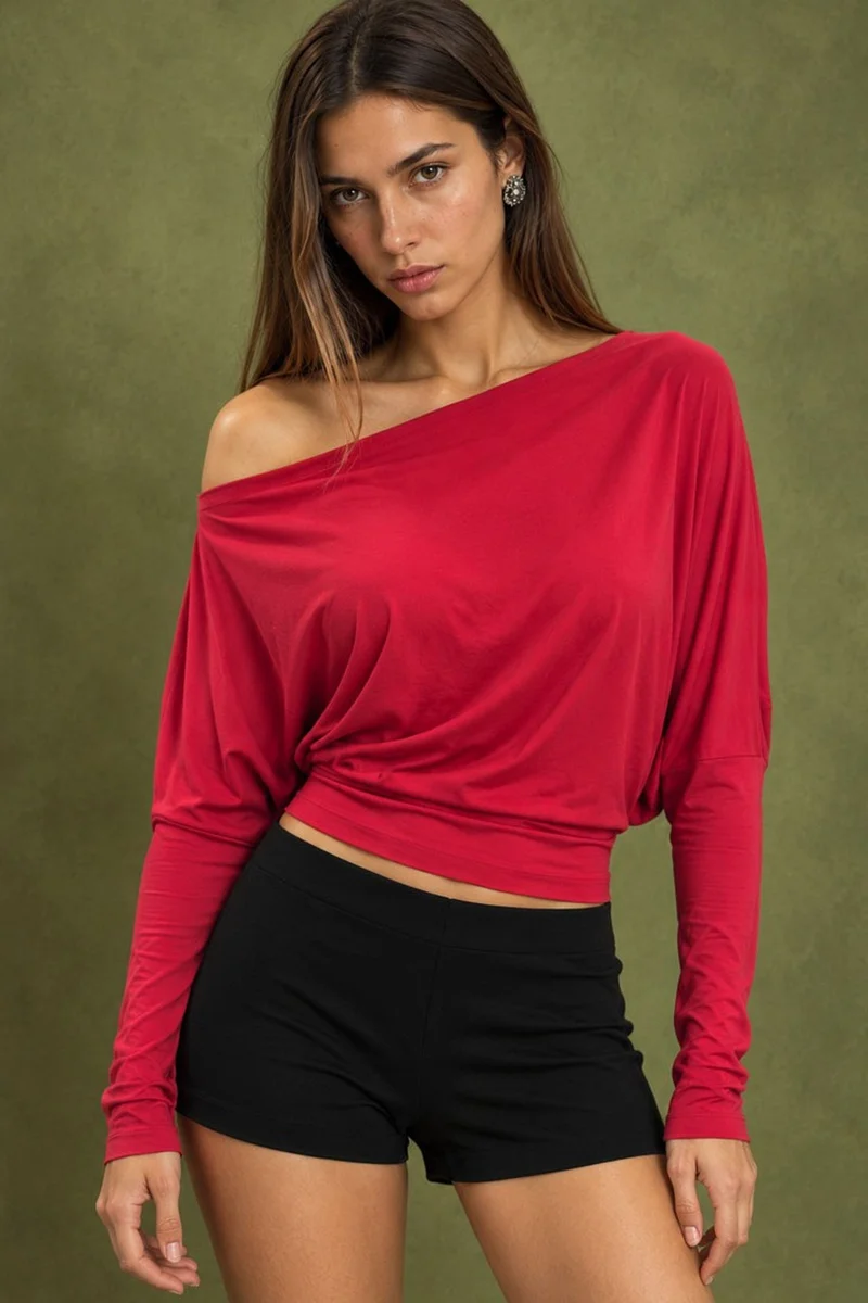 هيكاب Asymmetrical Collar Long Sleeve Elastic Knit T-Shirt