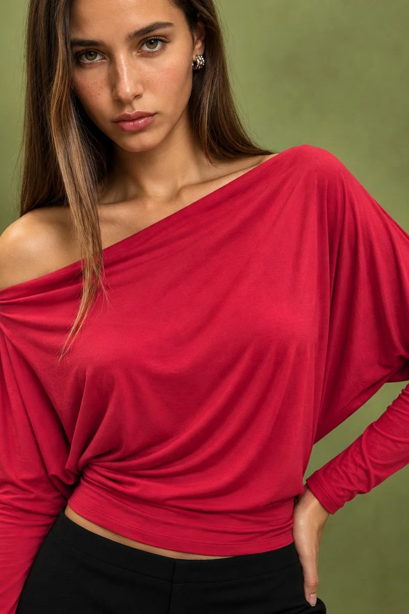 هيكاب Asymmetrical Collar Long Sleeve Elastic Knit T-Shirt
