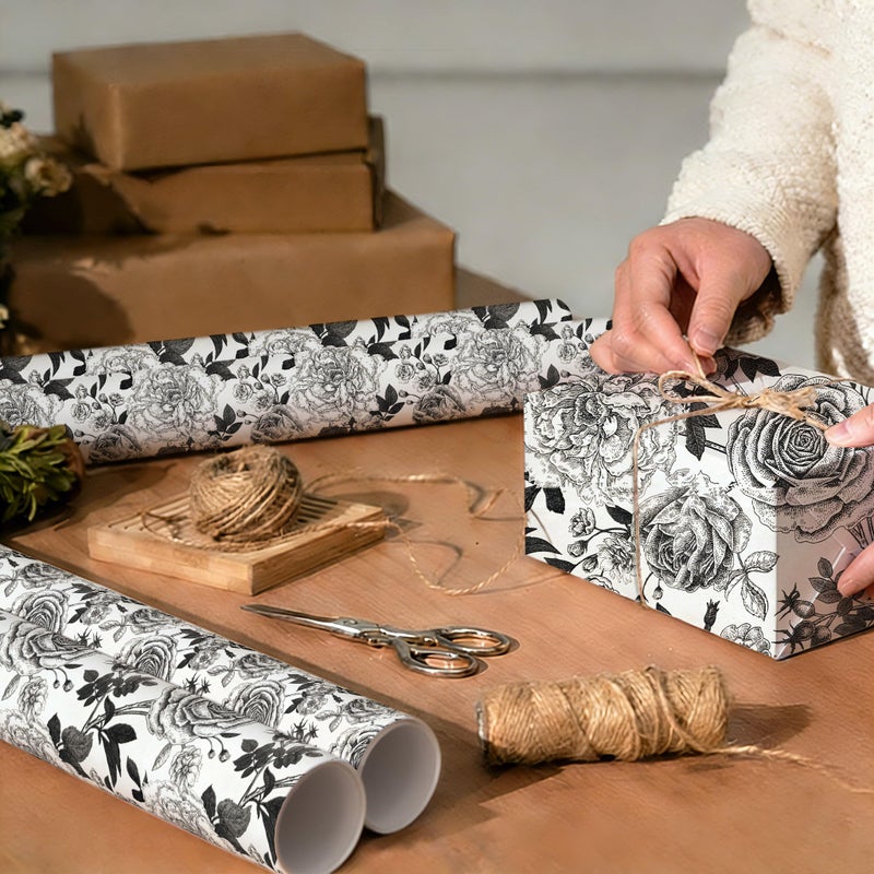 YXTII Black and White Wrapping Paper with Cut Lines, Flower Gift Wrap for Birthday, Wedding, Baby Shower, Valentines, Christmas, Bridal Shower, 17 Inches x 9.8 Feet, Mini Roll - Image 3