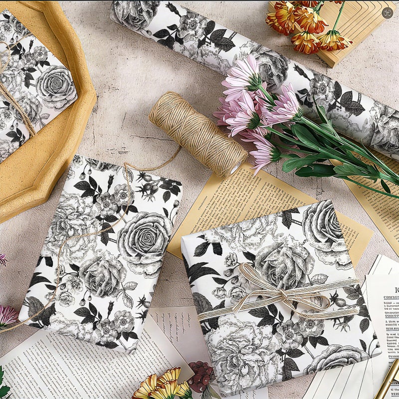 YXTII Black and White Wrapping Paper with Cut Lines, Flower Gift Wrap for Birthday, Wedding, Baby Shower, Valentines, Christmas, Bridal Shower, 17 Inches x 9.8 Feet, Mini Roll - Image 4