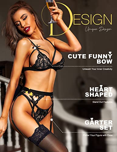 RSLOVE Lingerie for Women with Garter Belt 3 Piece Lace Teddy Babydoll Bodysuit Black S - Image 2