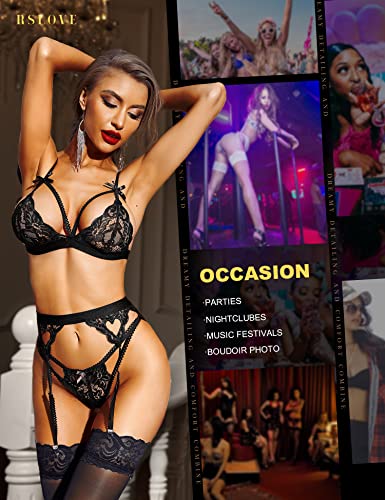 RSLOVE Lingerie for Women with Garter Belt 3 Piece Lace Teddy Babydoll Bodysuit Black S - Image 3