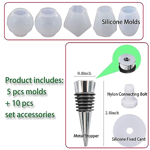 JIOFAVIU 15 Pcs Resin Wine Bottle Stoppers Molds Set, Wine Stopper Silicone Molds for Epoxy Resin (5 Molds and 10 Stoppers with 10 Screws) - Image 2