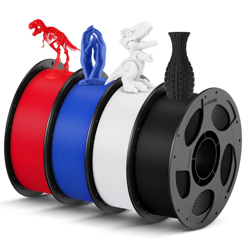 ANYCUBIC PLA Filament 1.75mm Bundle, 3D Printing PLA Filament 1.75mm Dimensional Accuracy +/- 0.02mm, 1KG Reusable Spool (2.2 lbs), 4KG Black + White + Blue + Red - Image 1