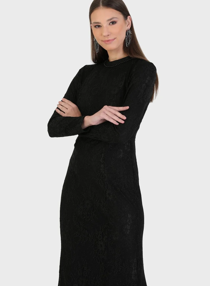 Refka by modanisa Crew Neck Balloon Sleeve Tulle Dress