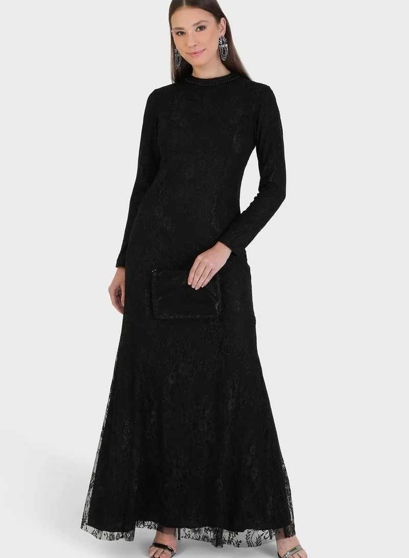 Refka by modanisa Crew Neck Balloon Sleeve Tulle Dress