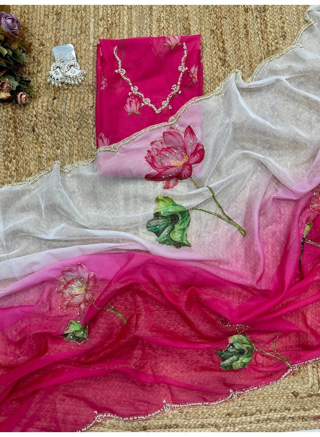 RoyalStyle Royalstyle Women's And Girls Pure soft Tebi silk two color shaded saree With beautiful val moti border and valmoti hand work on flowers and hand work blouse (Multicolour 2)  - Image 4