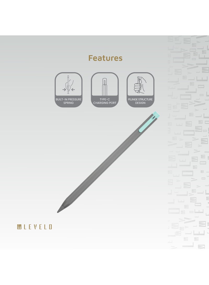 ليفيلو قلم SkyTip Stylus بتصميم قابل للسحب لجهاز iPad بحجم 1/5 مم مع تقليل الضوضاء وملمس ناعم وإمالة وخط يدوي ومنفذ شحن من النوع C ونابض ضغط ملمس غير لامع - أسود/أزرق - Image 2