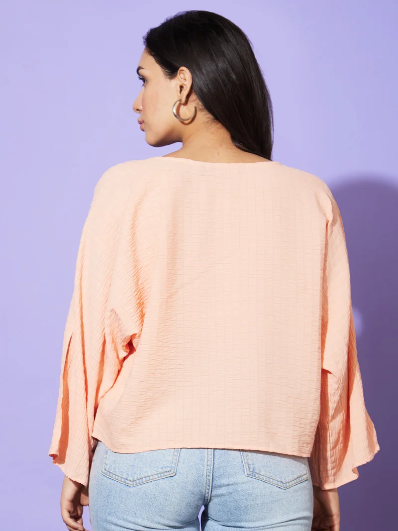 globus Women Peach Vertical Striped Slit Sleeves Boxy Fit Casual Top