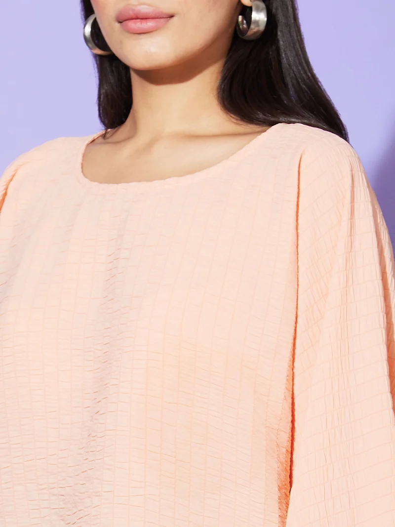 globus Women Peach Vertical Striped Slit Sleeves Boxy Fit Casual Top