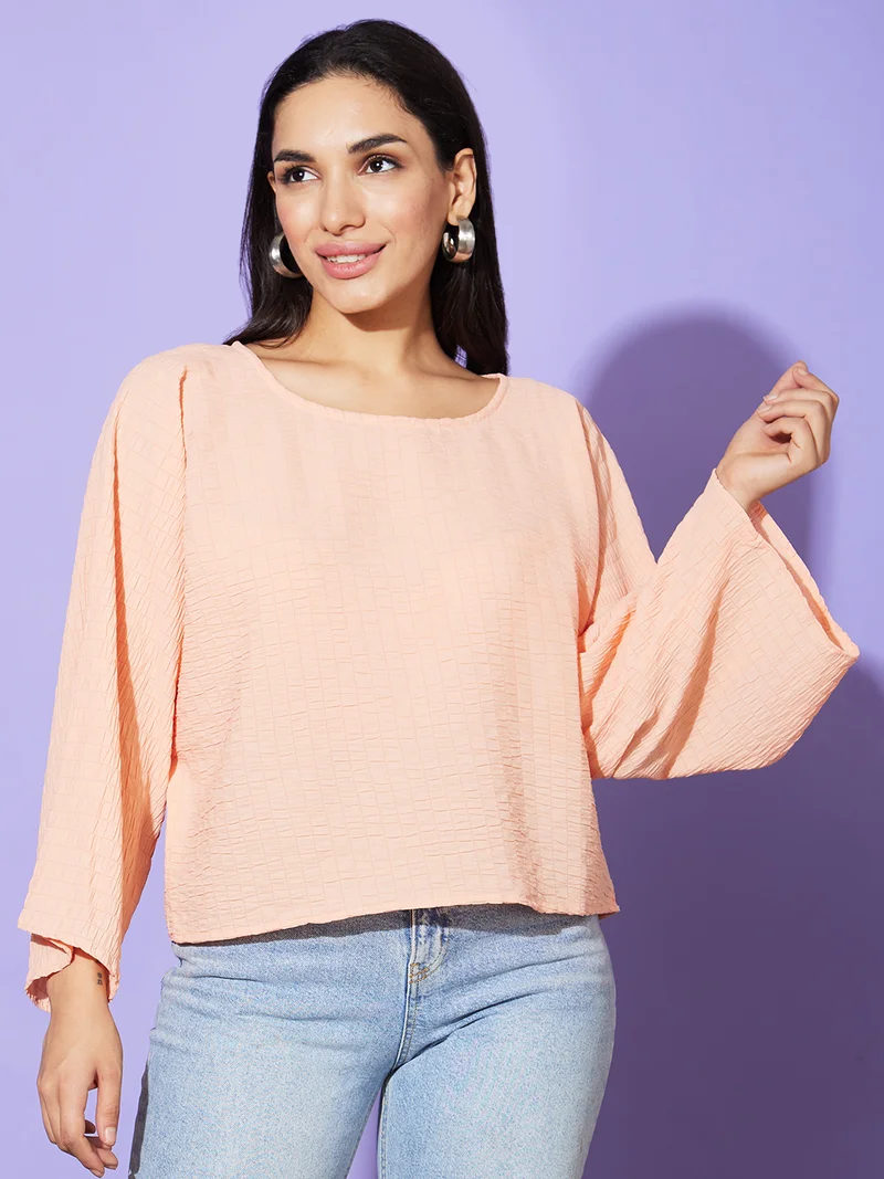 globus Women Peach Vertical Striped Slit Sleeves Boxy Fit Casual Top