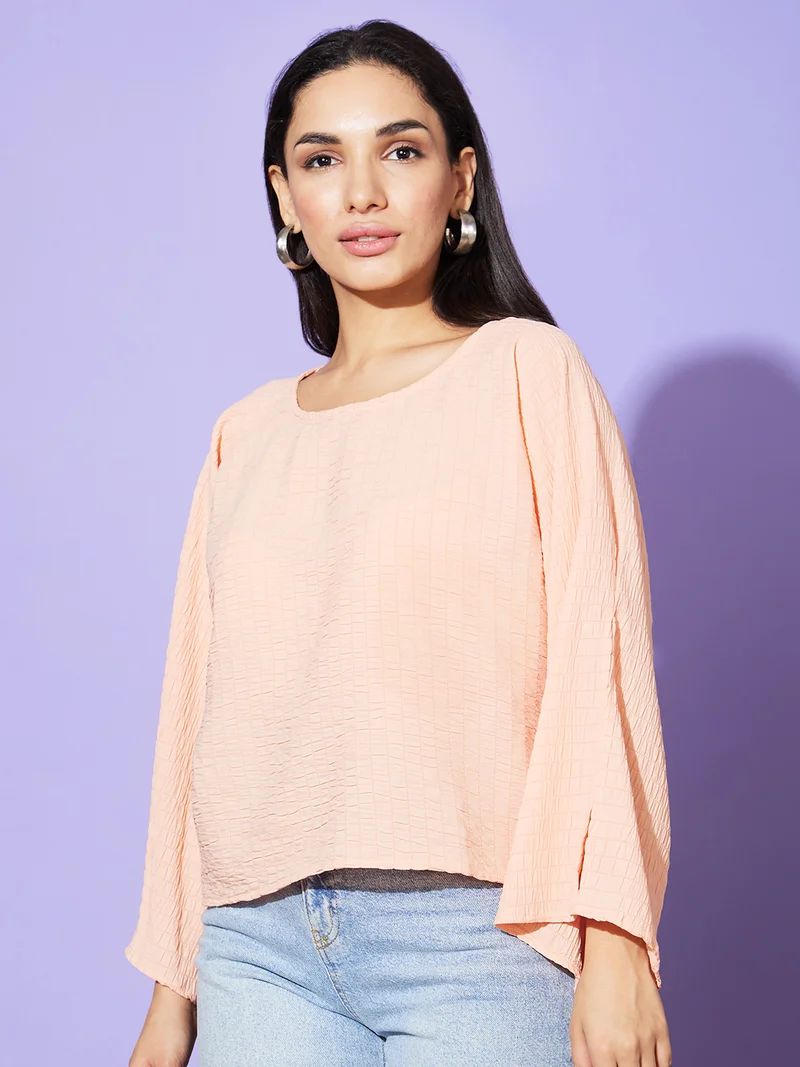 globus Women Peach Vertical Striped Slit Sleeves Boxy Fit Casual Top