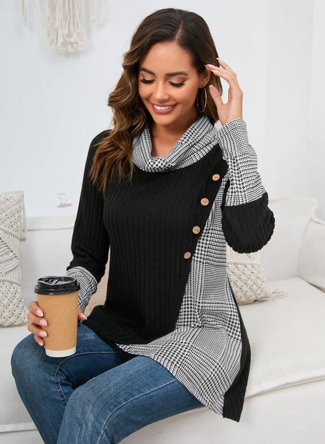 Miusey Women's Cowl Neck Pullover Sweaters Lightweight Long Sleeve Tunic Sweatshirts Asymmetric Hem Knit Sweater, Black White Plaid, XL - Image 4