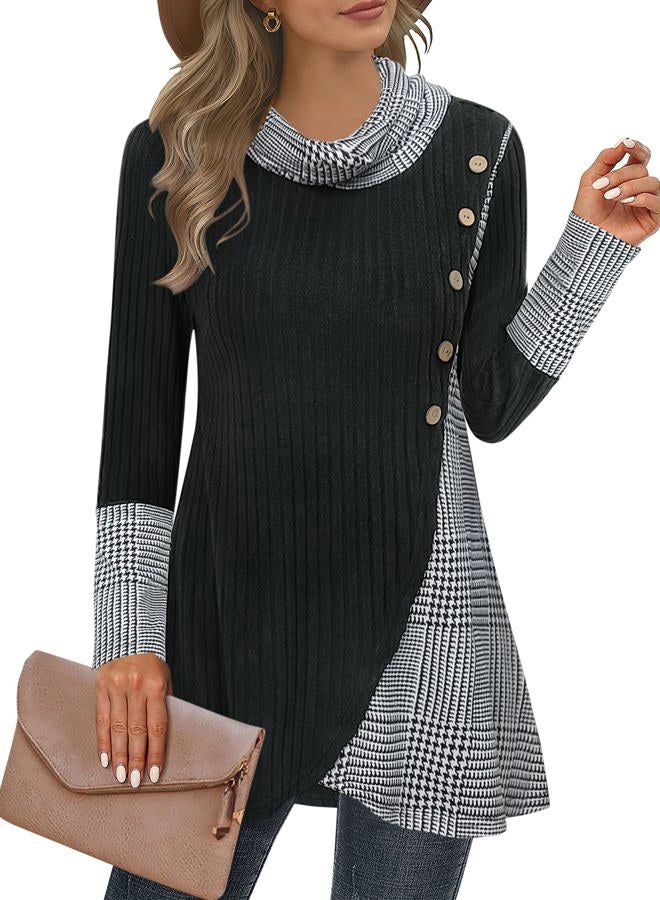 Miusey Women's Cowl Neck Pullover Sweaters Lightweight Long Sleeve Tunic Sweatshirts Asymmetric Hem Knit Sweater, Black White Plaid, XL - Image 1