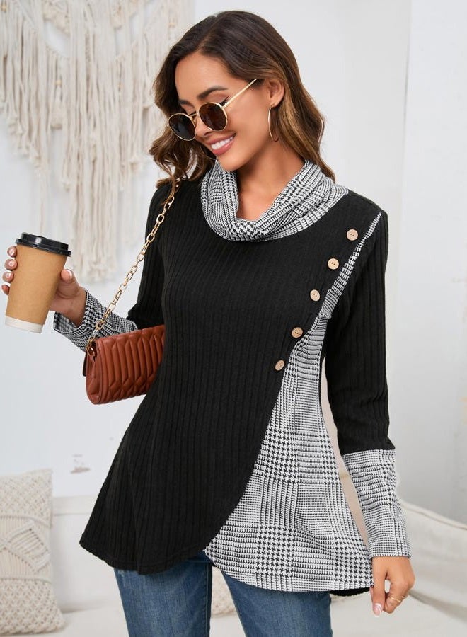 Miusey Women's Cowl Neck Pullover Sweaters Lightweight Long Sleeve Tunic Sweatshirts Asymmetric Hem Knit Sweater, Black White Plaid, XL - Image 2