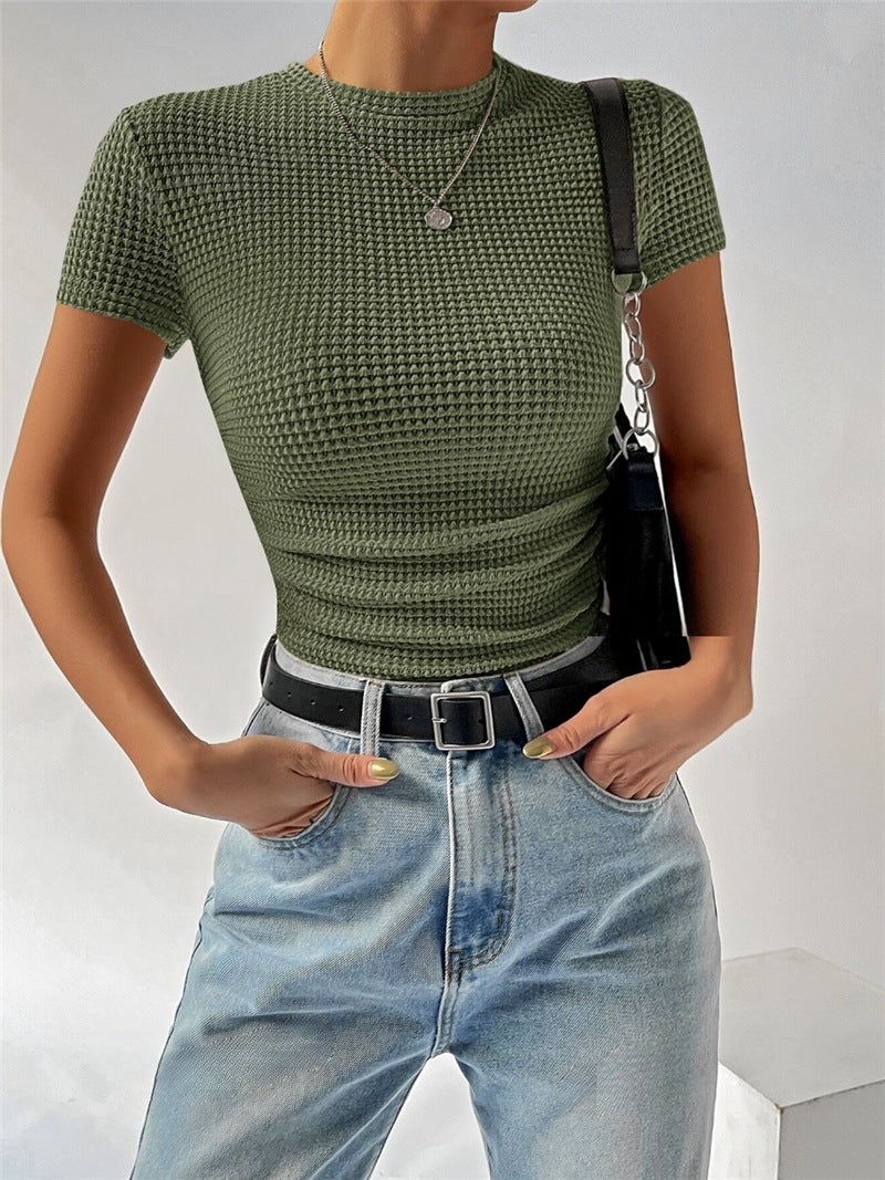 spring and summer new slim fit versatile pleated round neck knitted short sleeve t-shirt