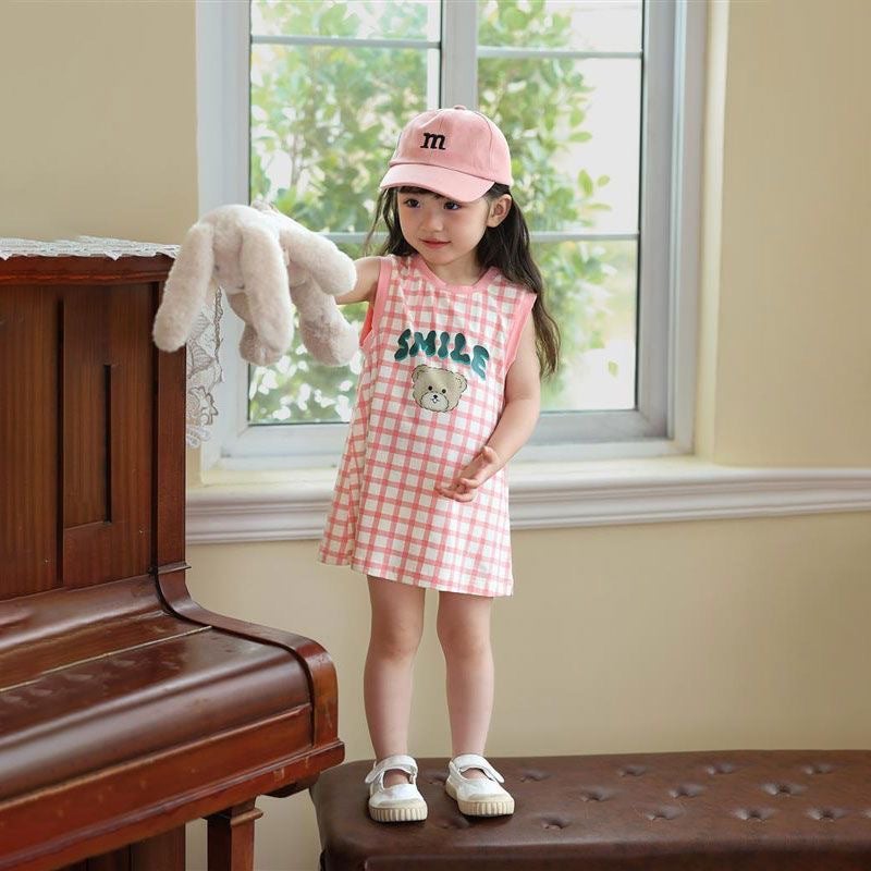 Baby Striped Vest Small Childrens Girl Summer 2024 New Sleeveless Cartoon Cute Vacation Casual T-shirt dress Plaid [Letter Bear]]