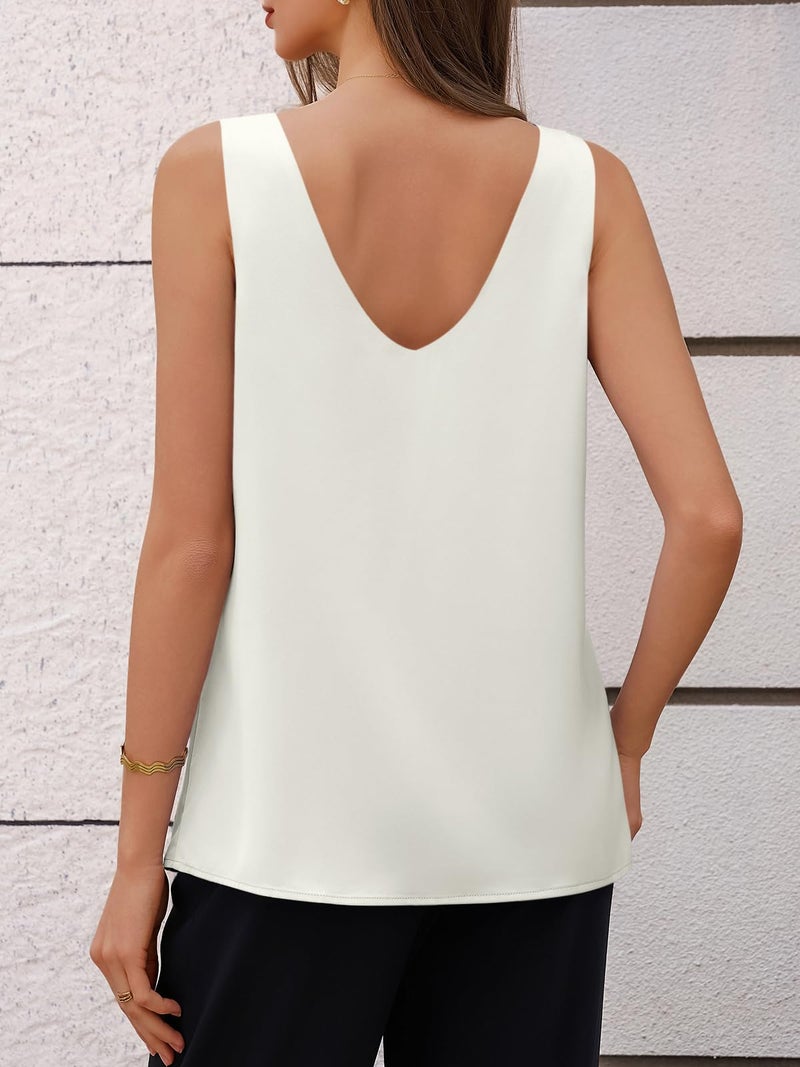 Cicy Bell Womens V Neck Satin Tank Tops Dressy Casual Silk Camisole Blouses Summer Corporate Outfits White - Image 4