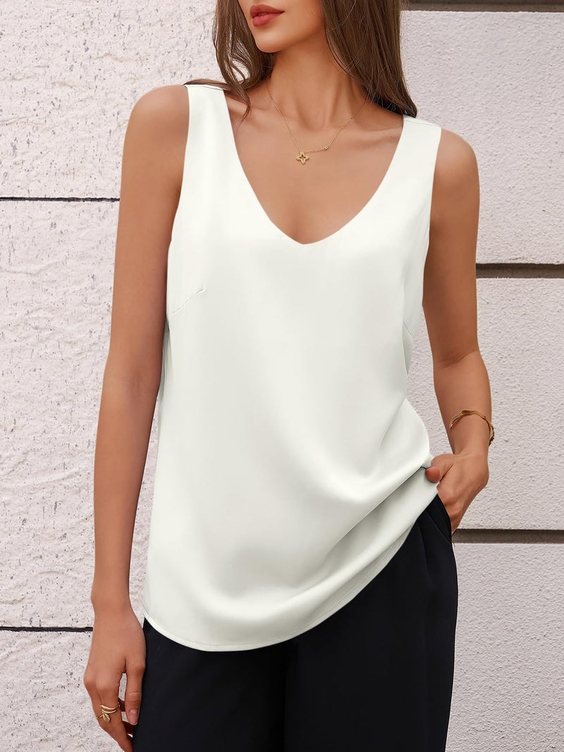 Cicy Bell Womens V Neck Satin Tank Tops Dressy Casual Silk Camisole Blouses Summer Corporate Outfits White - Image 5