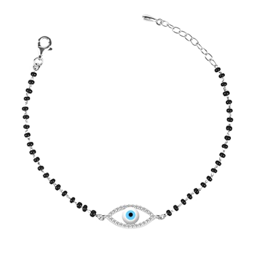 Clara Womens 925 Sterling Silver Evil Eye Halo Hand Mangalsutra Bracelet | Black Beads, Rhodium Plated | Gift For Wife - Image 1