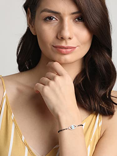Clara Womens 925 Sterling Silver Evil Eye Halo Hand Mangalsutra Bracelet | Black Beads, Rhodium Plated | Gift For Wife - Image 3