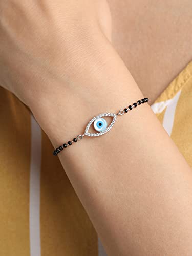 Clara Womens 925 Sterling Silver Evil Eye Halo Hand Mangalsutra Bracelet | Black Beads, Rhodium Plated | Gift For Wife - Image 4