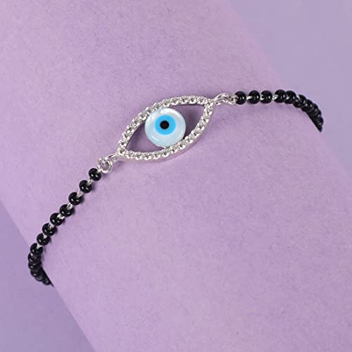 Clara Womens 925 Sterling Silver Evil Eye Halo Hand Mangalsutra Bracelet | Black Beads, Rhodium Plated | Gift For Wife - Image 2