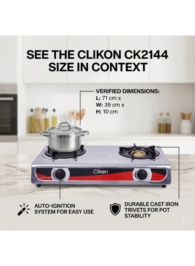 Clikon Stainless Steel Gas Burner | Practical Gas Cooking | Durable Stainless Steel Design | Convenient Kitchen Use | 2-Year Warranty | CK2144 | Stainless Steel CK2144 Yellow/Silver - Image 2
