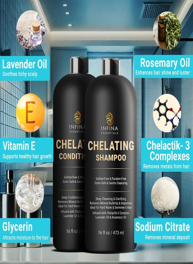 INFINA ESSENTIALS Chelating Hard Water Shampoo and Conditioner Set with Chelactik-3 & Rosemary Oil - Color Safe Metal Detox Shampoo and Conditioner for Mineral Build-Up & Swimmers Hair - 16 fl oz each - Image 2