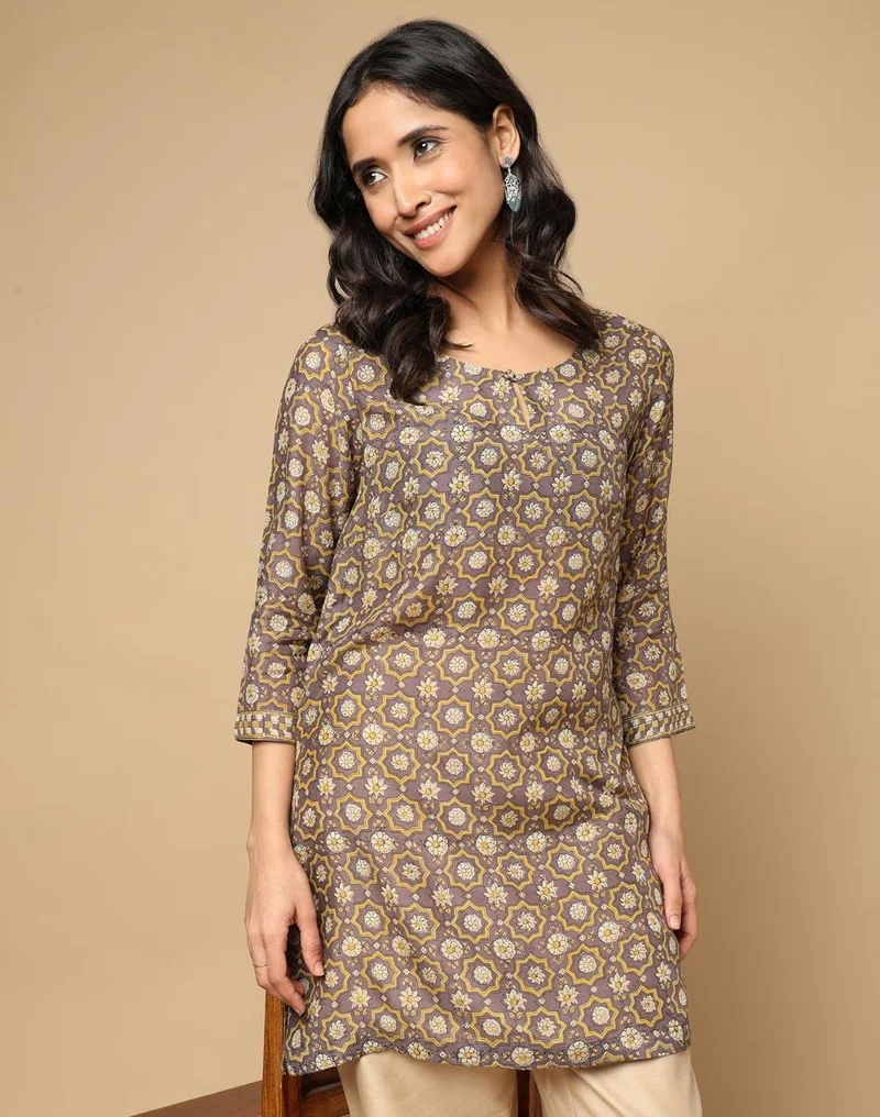 Fabindia Grey Rayon Blend Hand Block Print Slim Fit Short Kurta