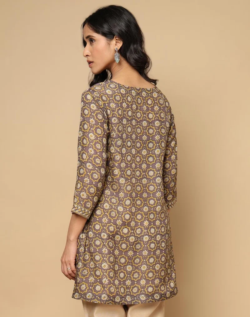 Fabindia Grey Rayon Blend Hand Block Print Slim Fit Short Kurta