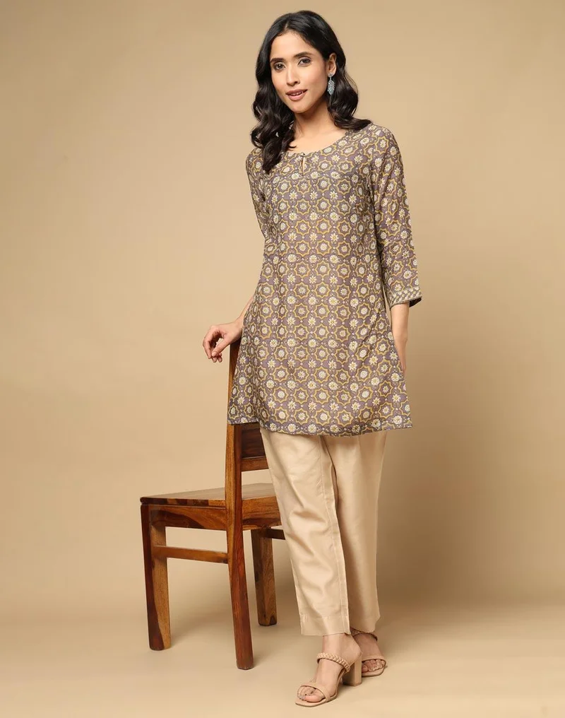 Fabindia Grey Rayon Blend Hand Block Print Slim Fit Short Kurta