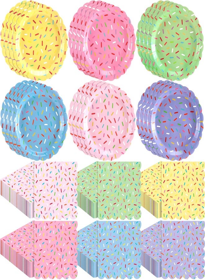 Mimorou 48 Pcs Pastel Donut Confetti Plates and Napkins Party Supplies Sprinkle Paper Plates Disposable Cocktail Napkins for Sprinkle Ice Cream Grow up Theme Baby Shower Party for 24 Guest(Scalloped) - Image 1