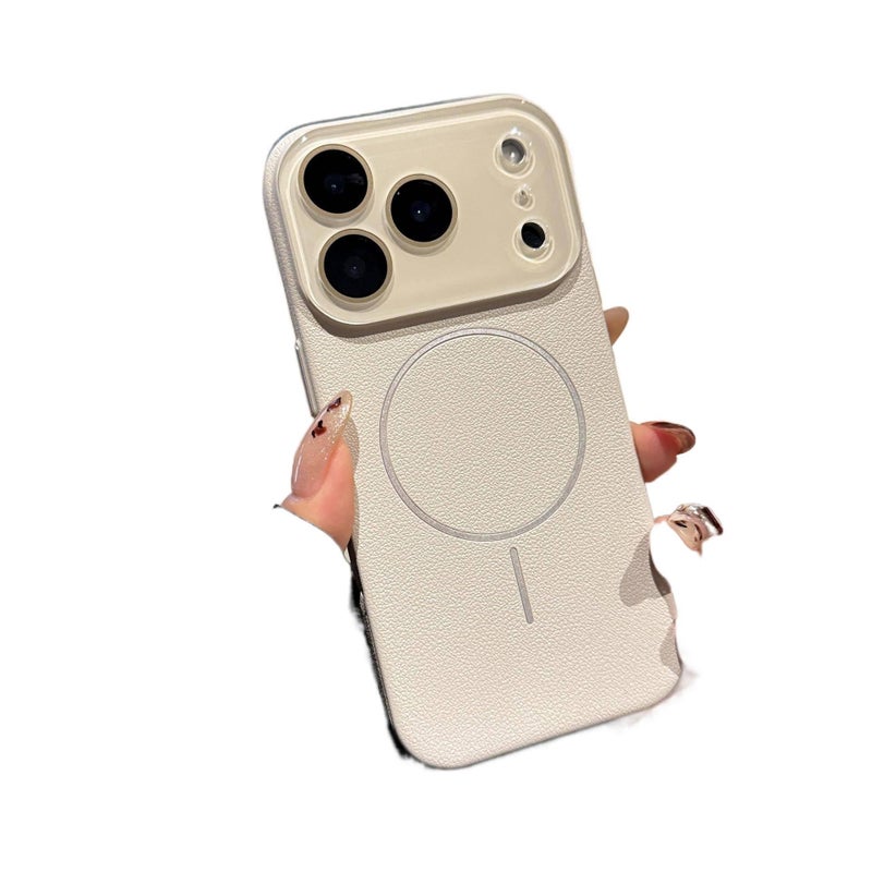 غطاء MagSafe بPC لـ iPhone 14 / 14 Plus / 14 Pro / 14 Pro Max مع حماية من السقوط ومغناطيس قوي مع مقاوم للصدمات مع ملمس ناعم مع ملمس الجلد باللون Antique White مغناطيسي باللون الأب. - Image 1